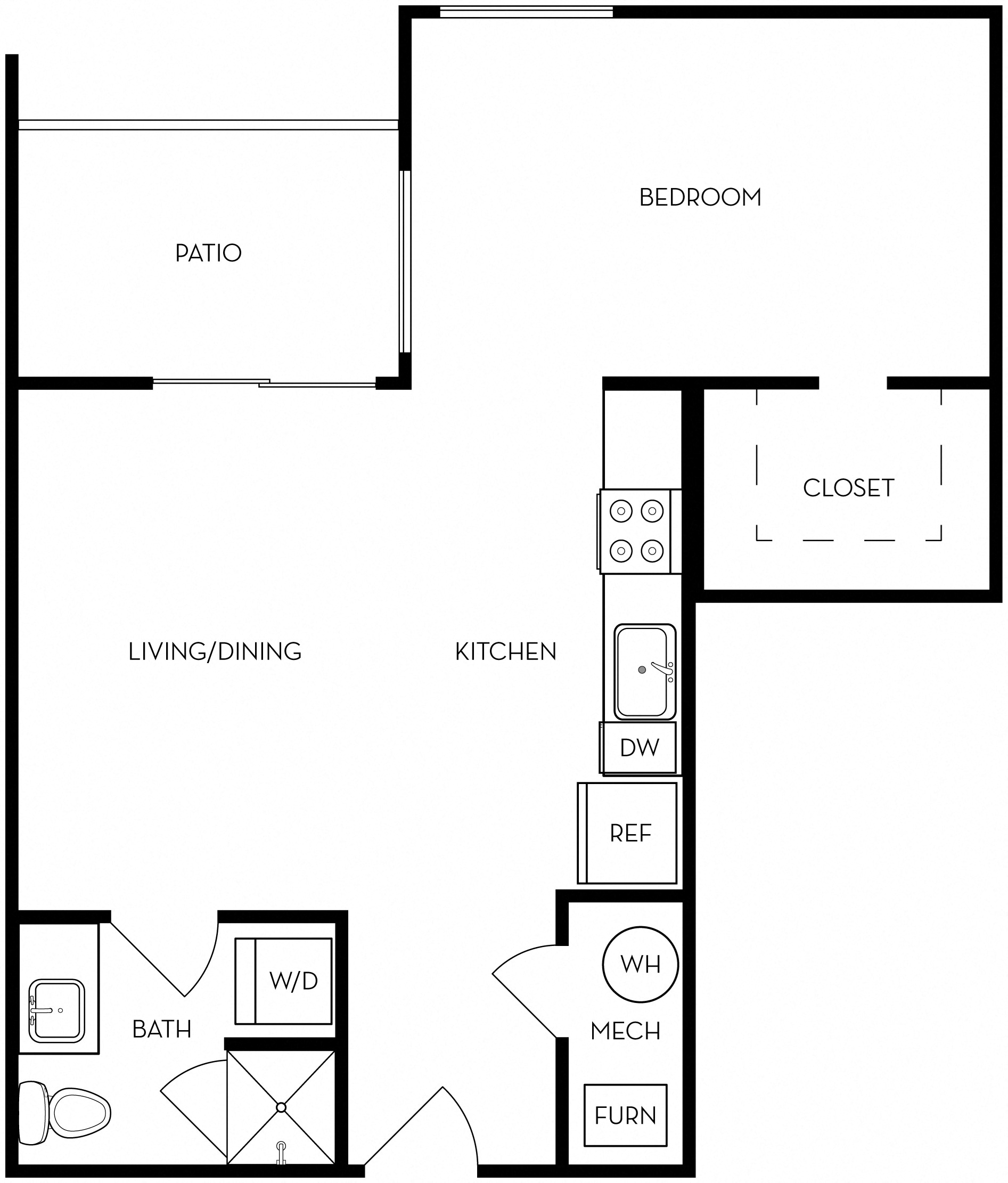 Floor plan for studio, 1 bath, 378 sqft